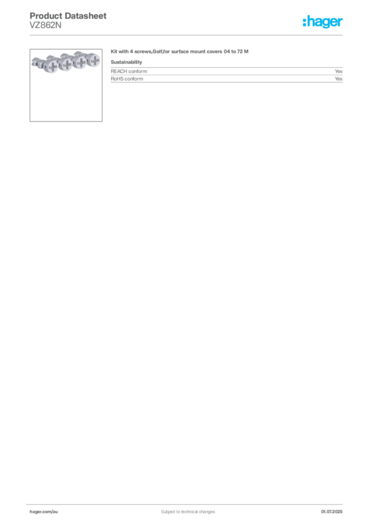 Image Hager Product data sheet VZ862N  | Hager Australia
