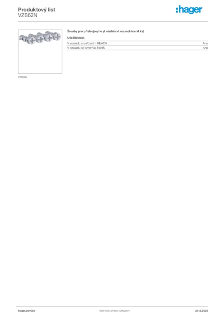 Obrázek Hager Produktový list VZ862N | Hager