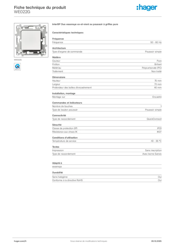 Image Hager Fiche technique du produit WE022G | Hager France