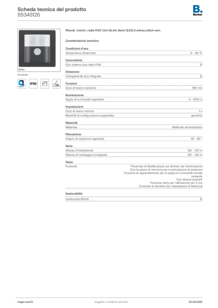 Immagine Berker Scheda tecnica del prodotto 85345126 | Hager Italia