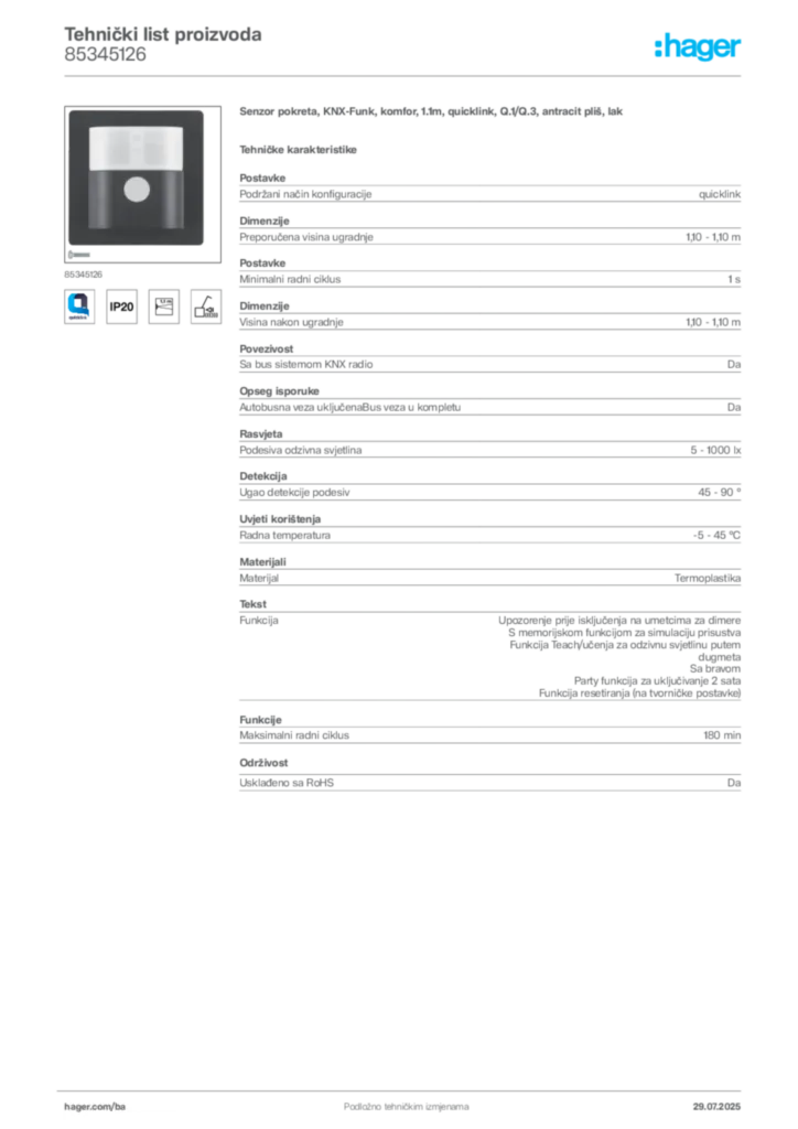 Slika Hager Product data sheet 85345126  | Hager
