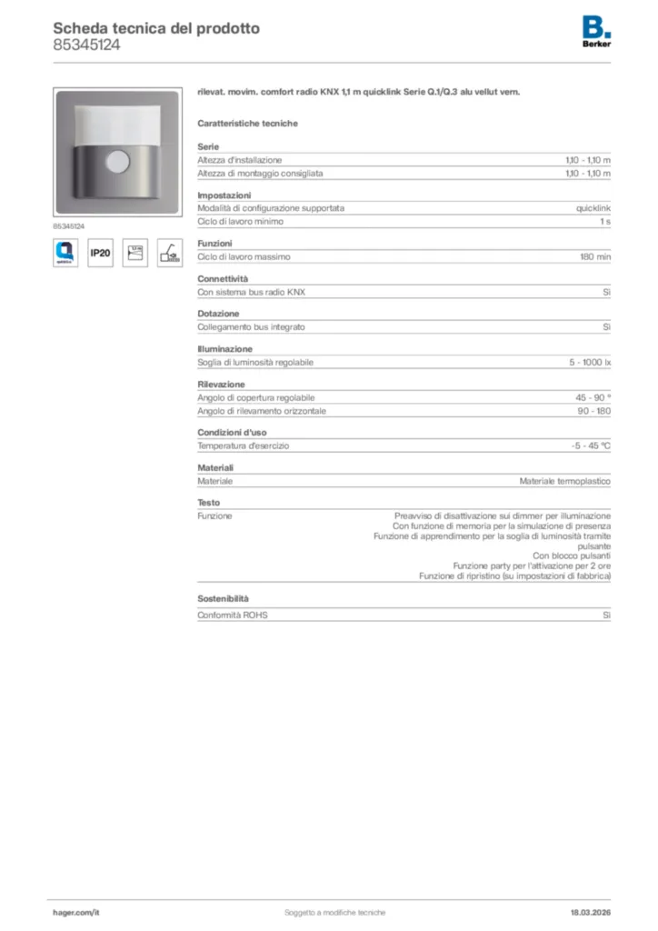 Immagine Berker Scheda tecnica del prodotto 85345124 | Hager Italia