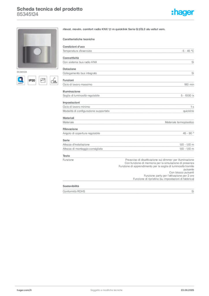 Immagine Berker Scheda tecnica del prodotto 85345124 | Hager Italia