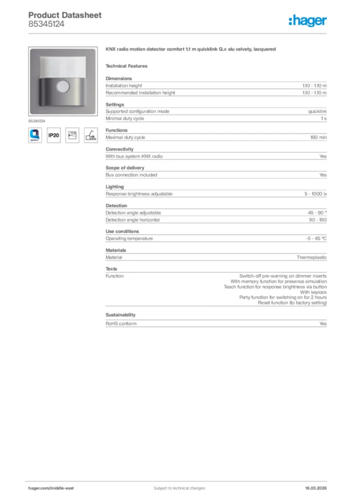 Image Hager Product data sheet 85345124  | Hager