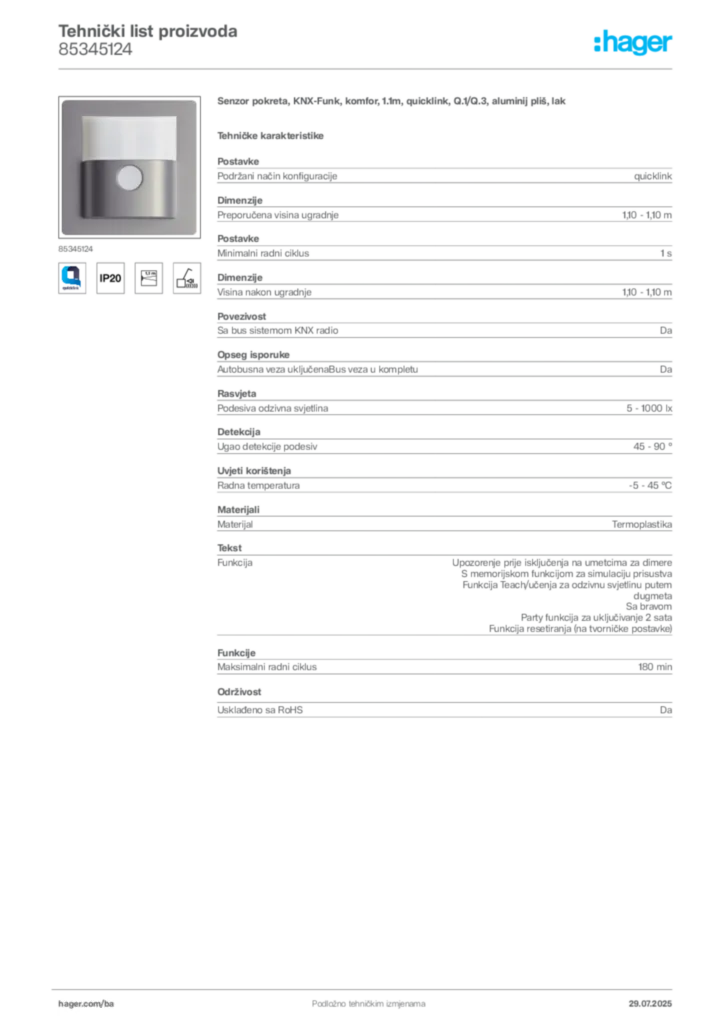 Slika Hager Product data sheet 85345124  | Hager