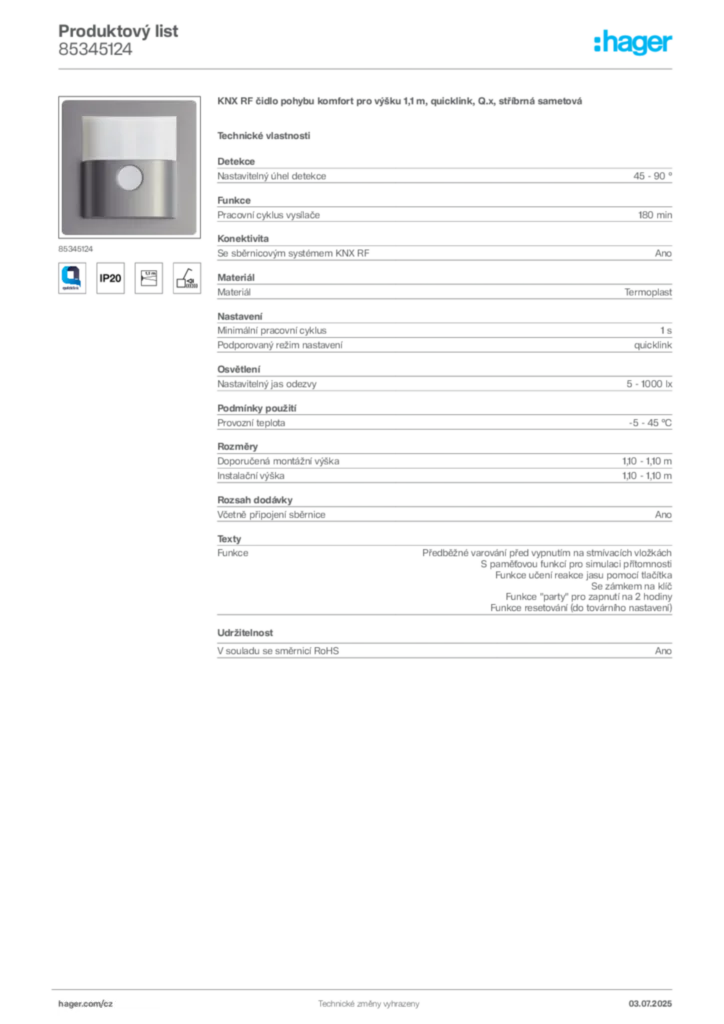 Obrázek Hager Produktový list 85345124 | Hager