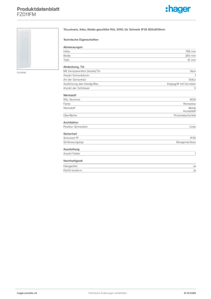 Bild Hager Produktdatenblatt FZ011FM | Hager Schweiz