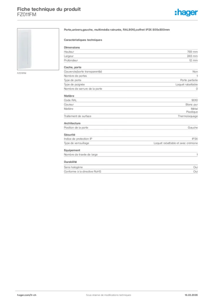 Image Hager Fiche technique du produit FZ011FM | Hager Suisse