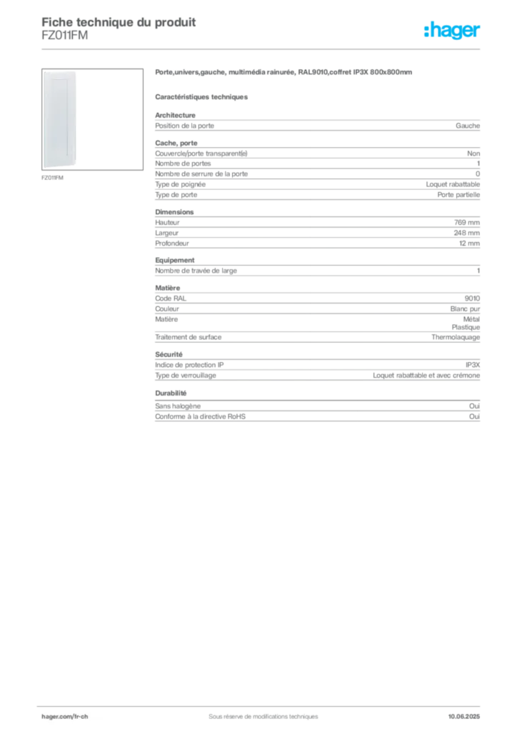 Image Hager Fiche technique du produit FZ011FM | Hager Suisse