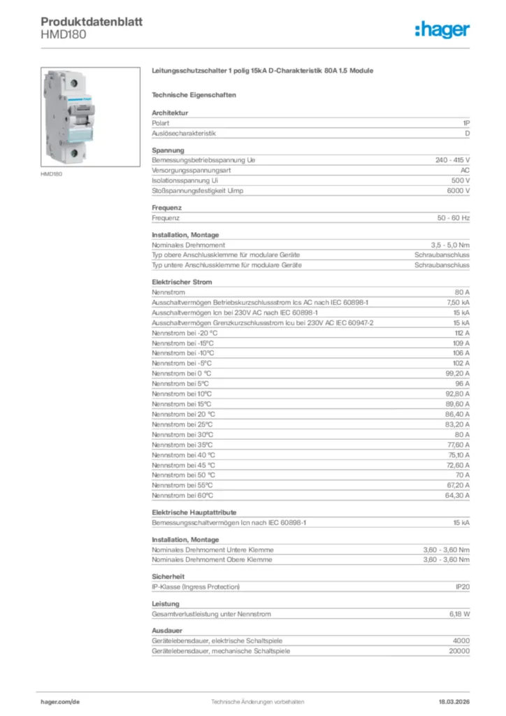 Bild Hager Produktdatenblatt HMD180 | Hager Deutschland