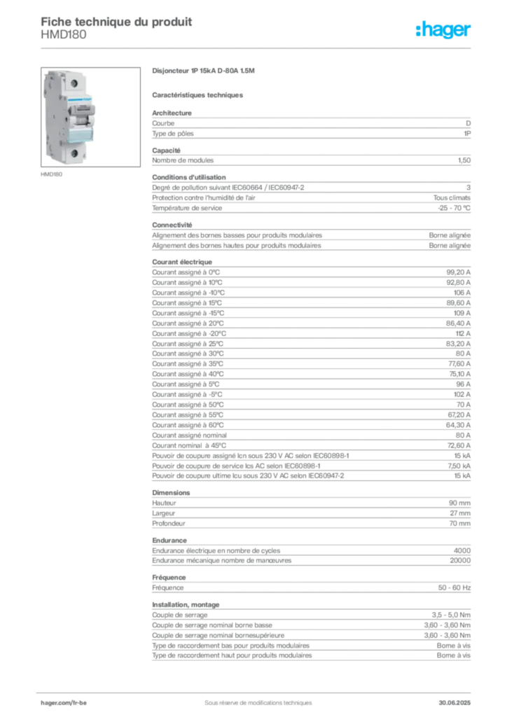 Image Hager Fiche technique du produit HMD180 | Hager Belgique