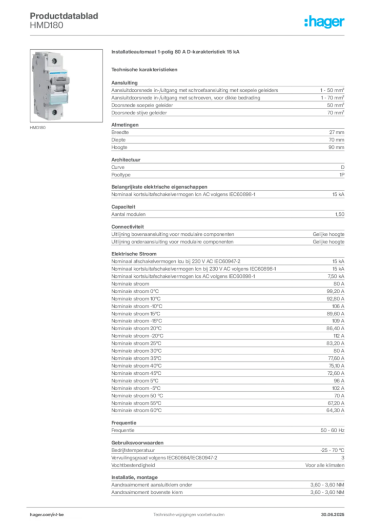 Afbeelding Hager Productdatablad HMD180 | Hager Belgium
