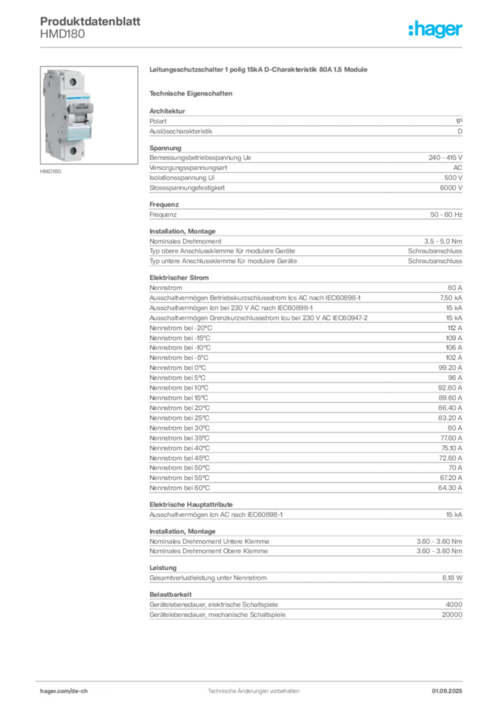 Bild Hager Produktdatenblatt HMD180 | Hager Schweiz