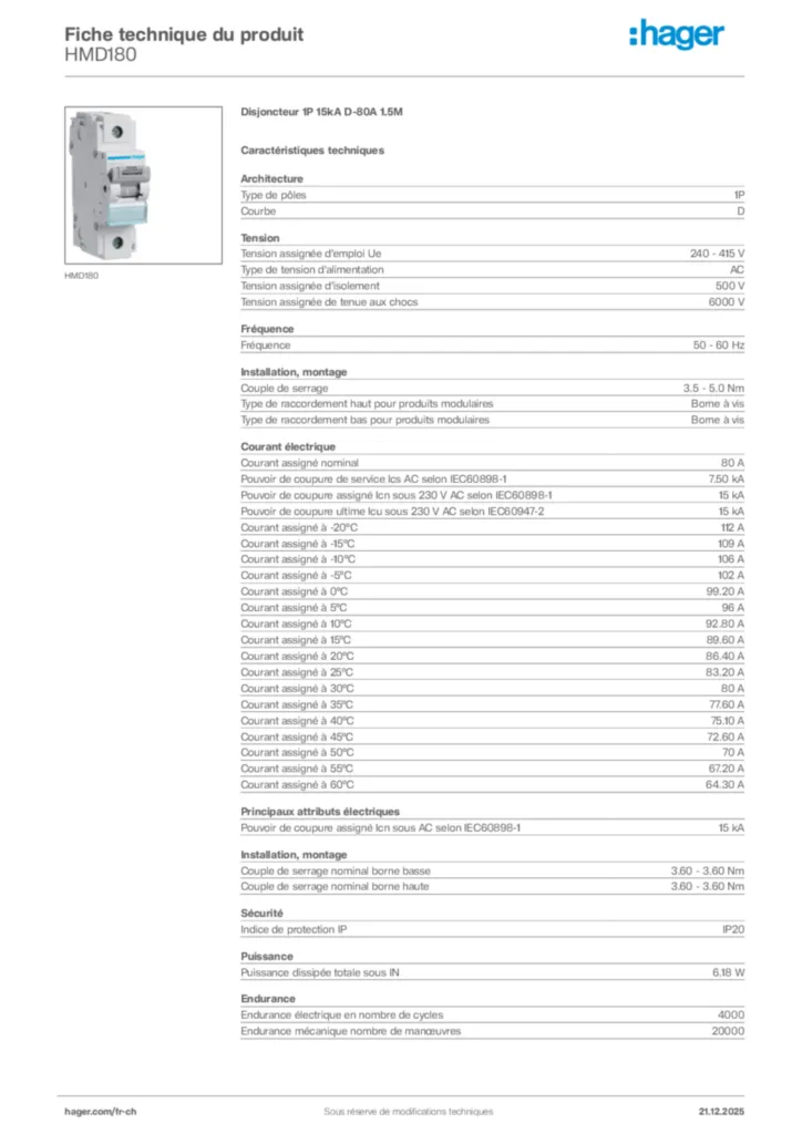 Image Hager Fiche technique du produit HMD180 | Hager Suisse