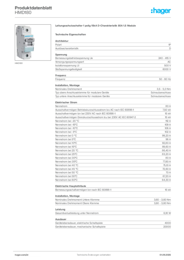 Bild Hager Produktdatenblatt HMD180 | Hager Deutschland