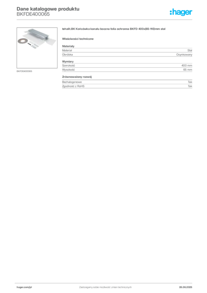 Zdjęcie Hager Dane katalogowe produktu BKFDE400065 | Hager Polska
