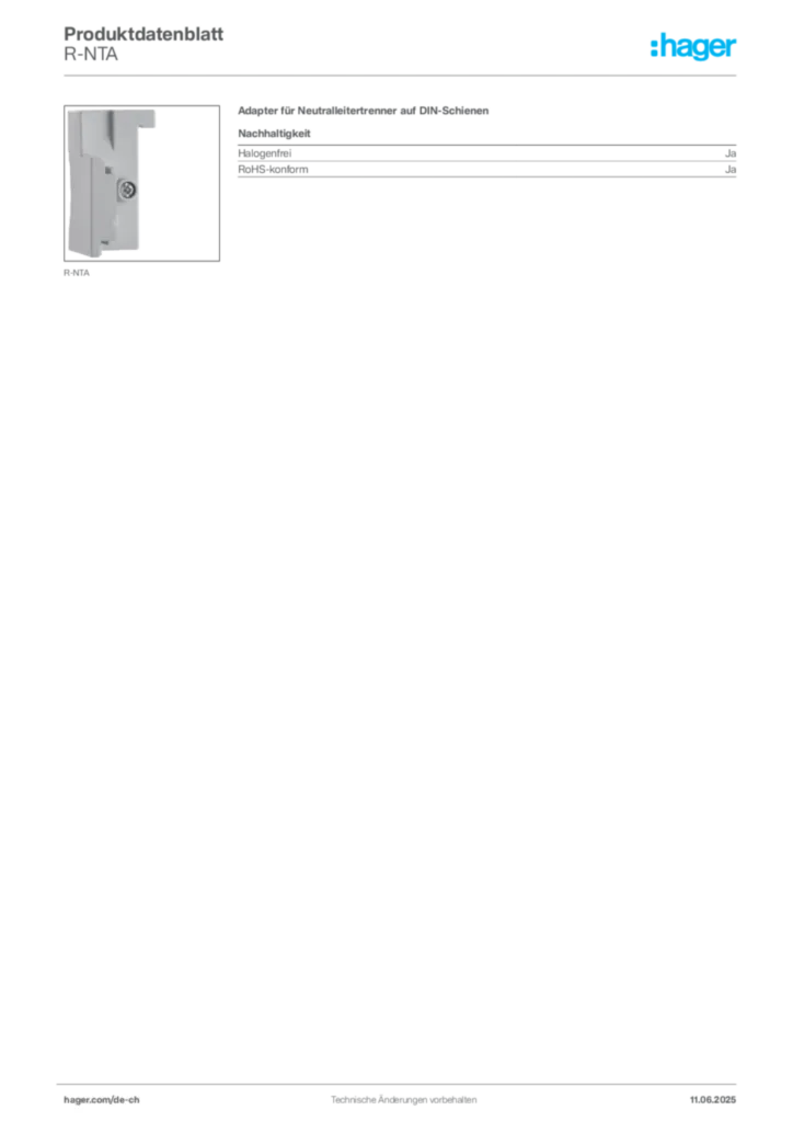 Bild Hager Produktdatenblatt R-NTA | Hager Schweiz