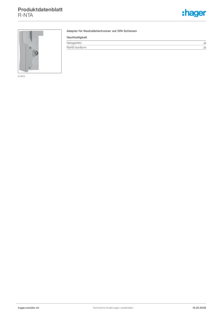 Bild Hager Produktdatenblatt R-NTA | Hager Schweiz