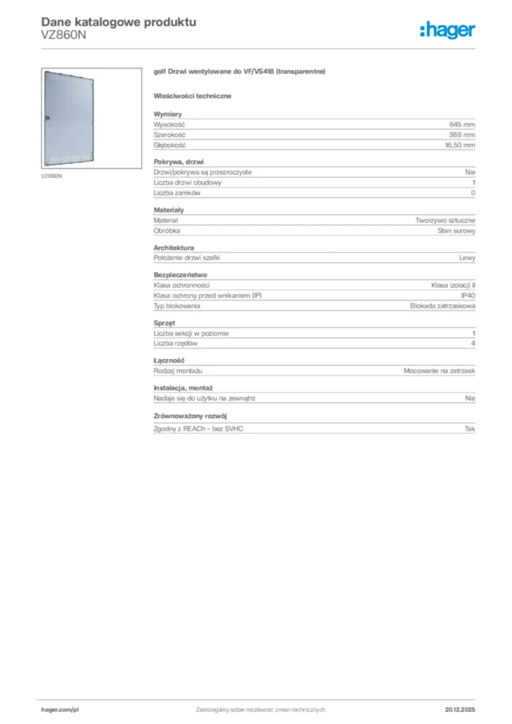 Zdjęcie Hager Dane katalogowe produktu VZ860N | Hager Polska