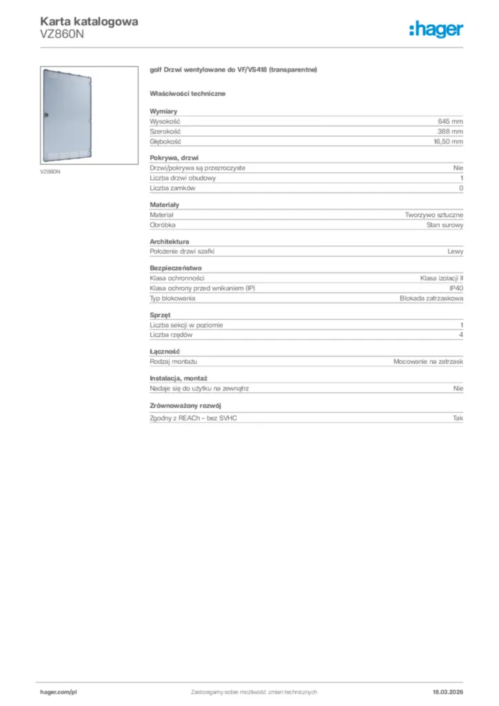 Zdjęcie Hager Karta katalogowa VZ860N | Hager Polska