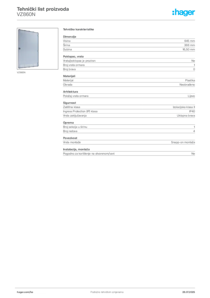 Slika Hager Product data sheet VZ860N  | Hager