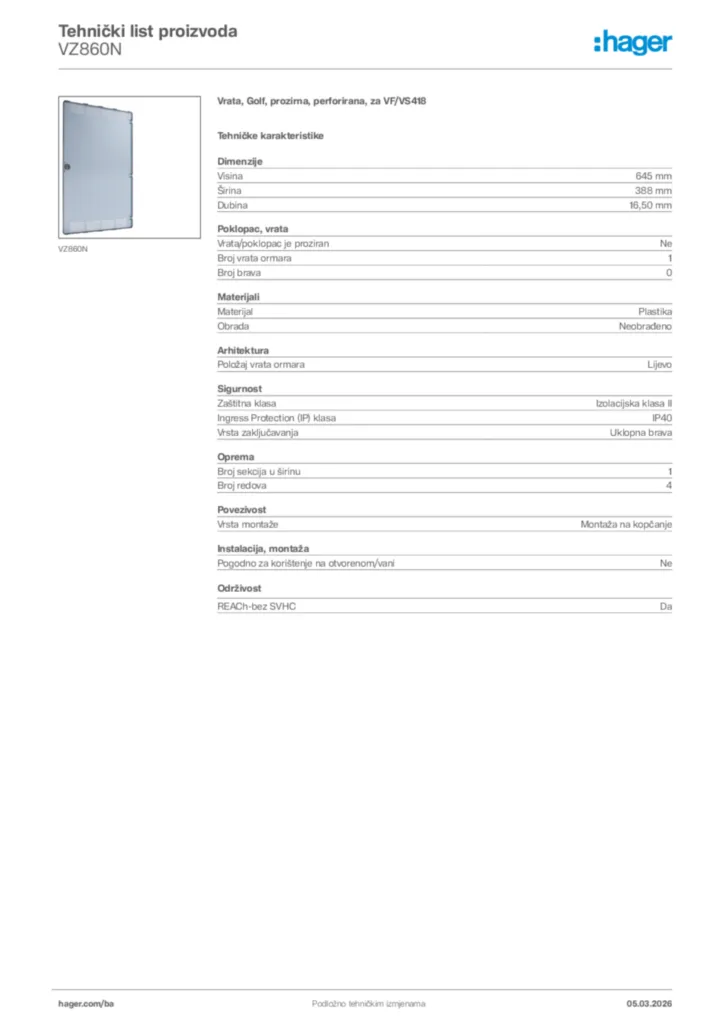 Slika Hager Tehnički list proizvoda VZ860N  | Hager