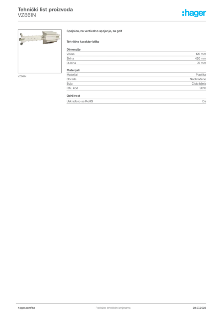 Slika Hager Product data sheet VZ861N  | Hager