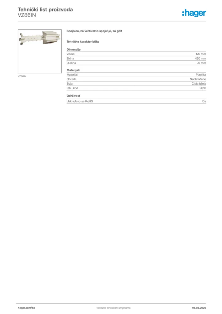 Slika Hager Tehnički list proizvoda VZ861N  | Hager