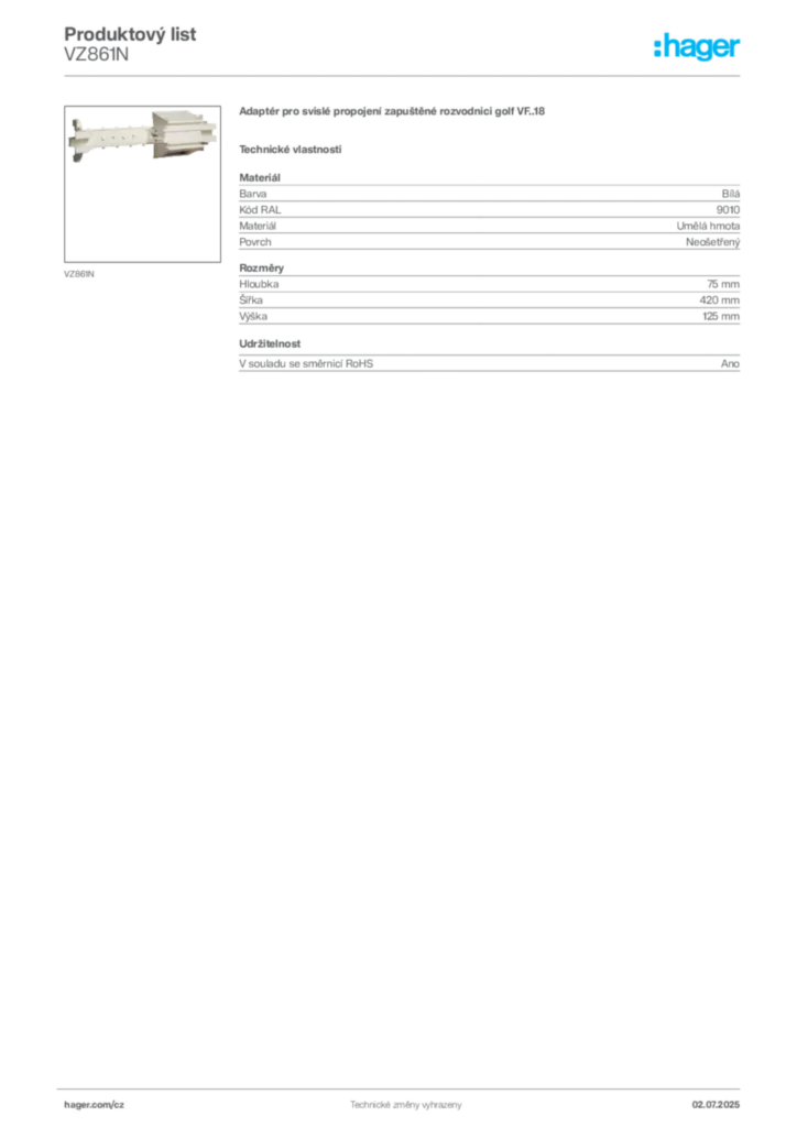 Obrázek Hager Produktový list VZ861N | Hager