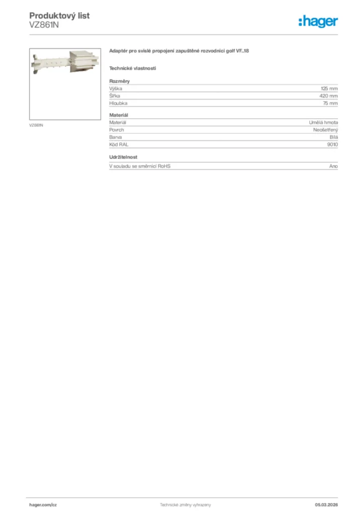 Obrázek Hager Product data sheet VZ861N | Hager