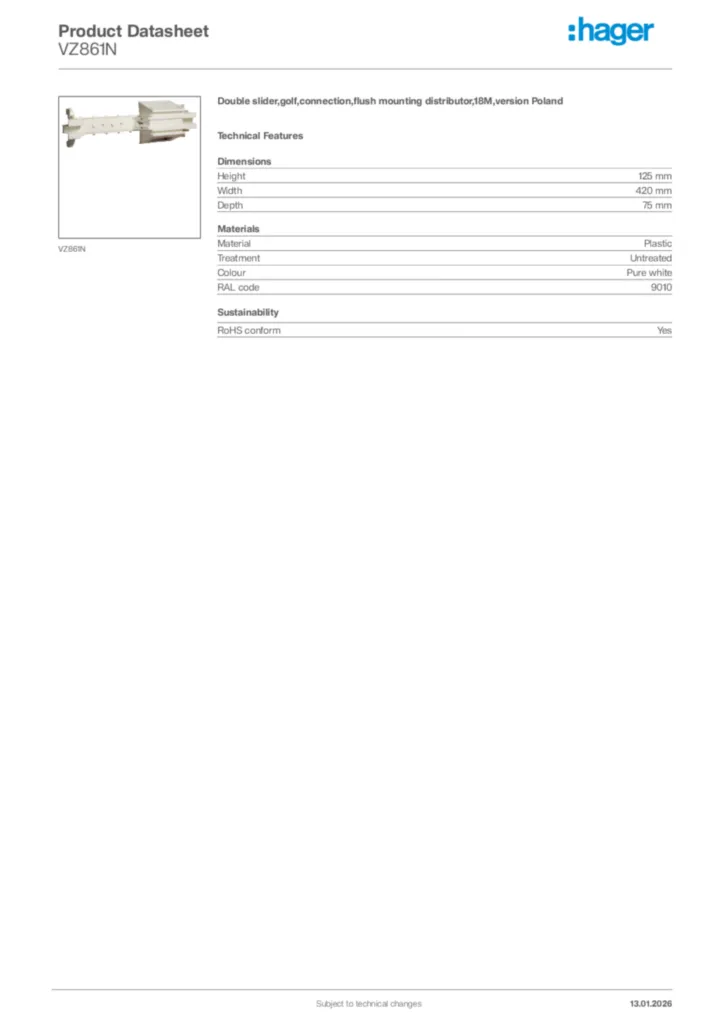 Image Hager Product data sheet VZ861N  | Hager