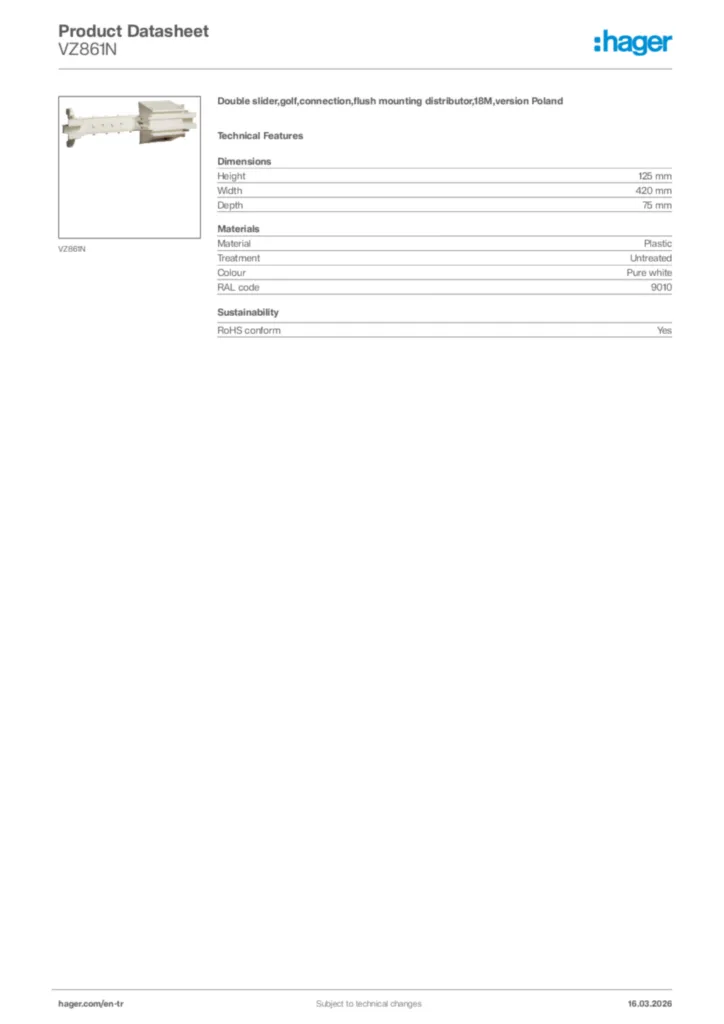 Image Hager Product data sheet VZ861N  | Hager