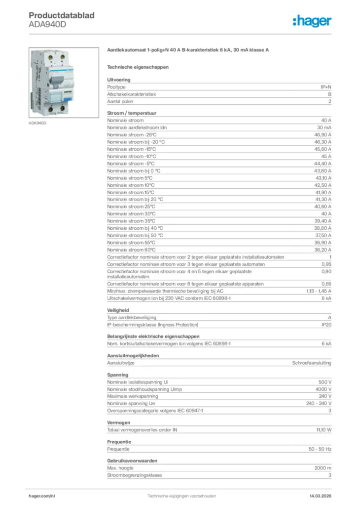 Afbeelding Hager Productdatablad ADA940D | Hager Nederland