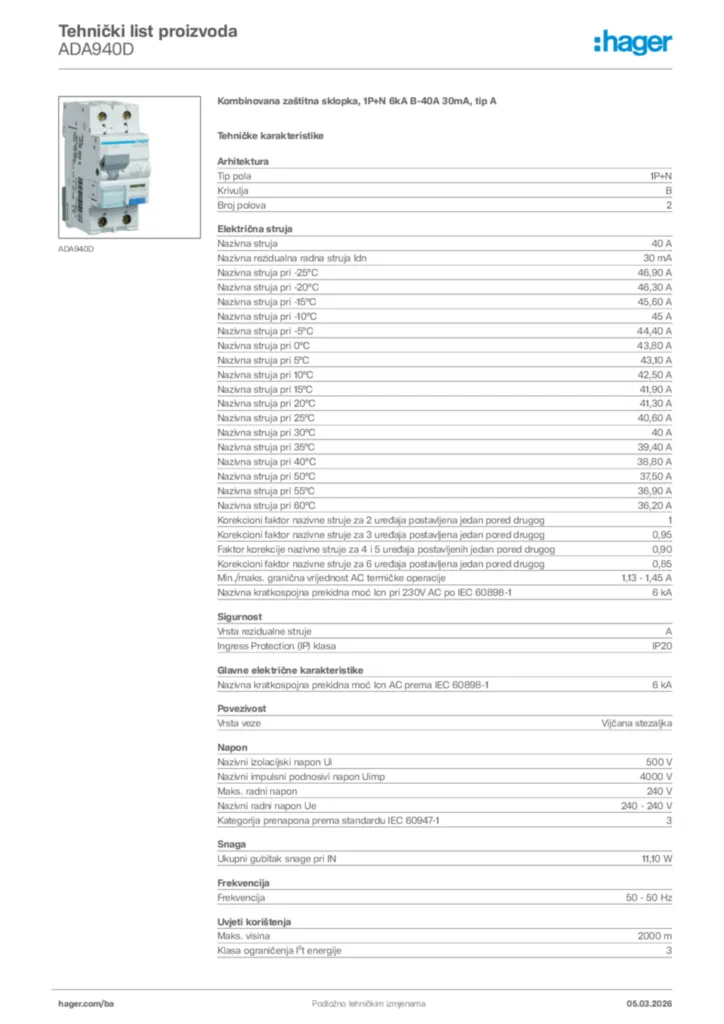 Slika Hager Tehnički list proizvoda ADA940D  | Hager