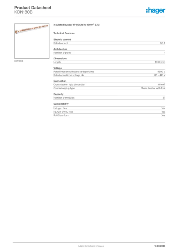 Image Hager Product data sheet KDN180B  | Hager Africa