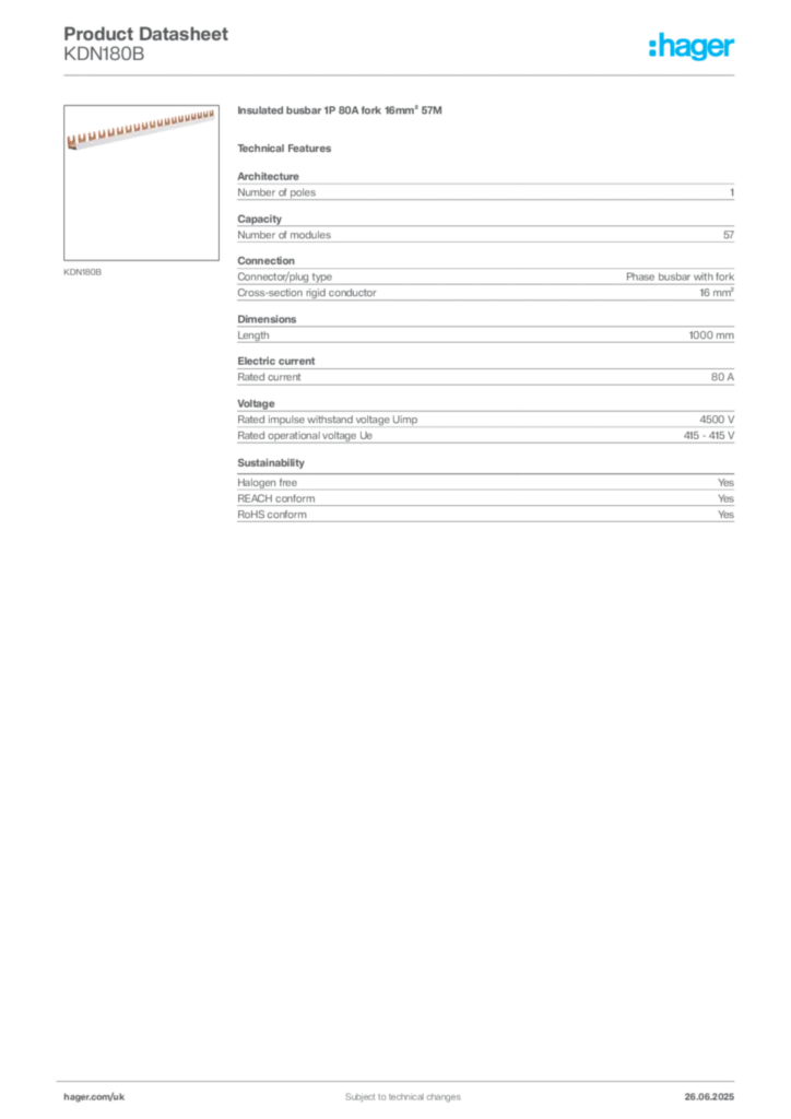 Image Hager Product data sheet KDN180B  | Hager