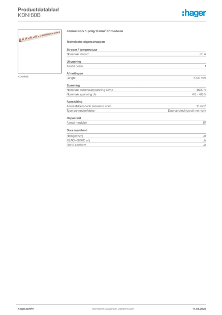 Afbeelding Hager Productdatablad KDN180B | Hager Nederland