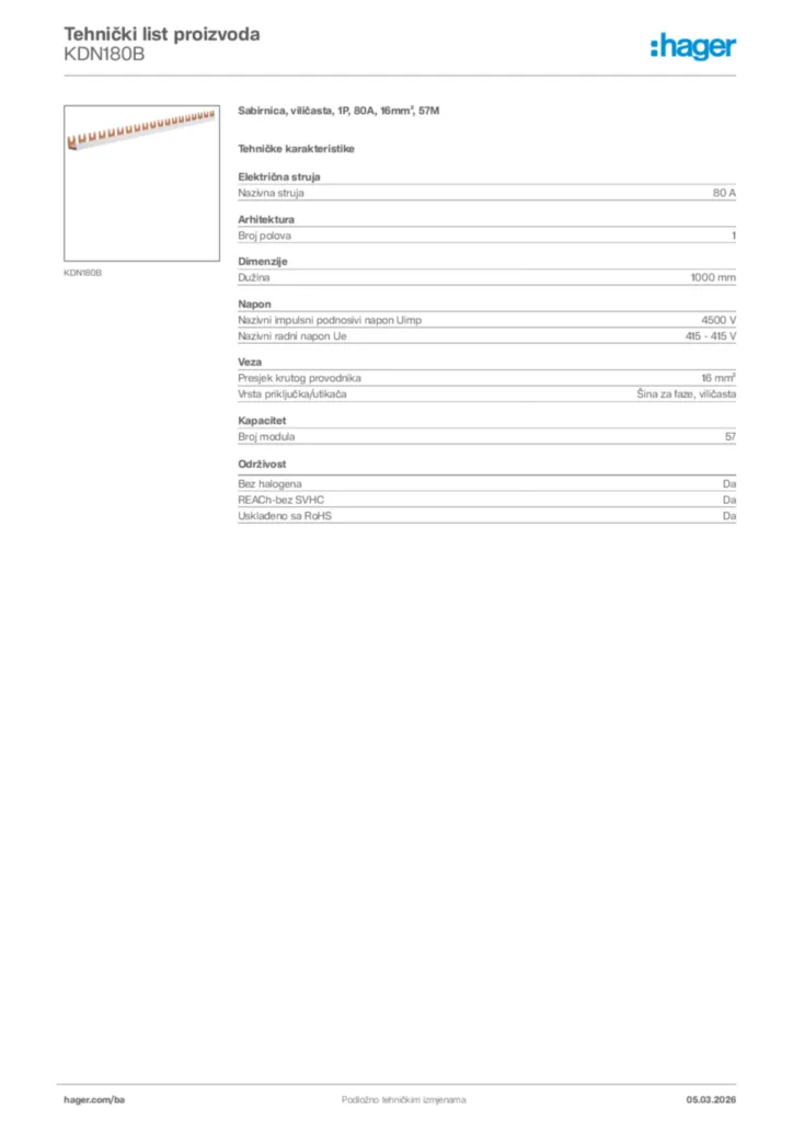 Slika Hager Tehnički list proizvoda KDN180B  | Hager