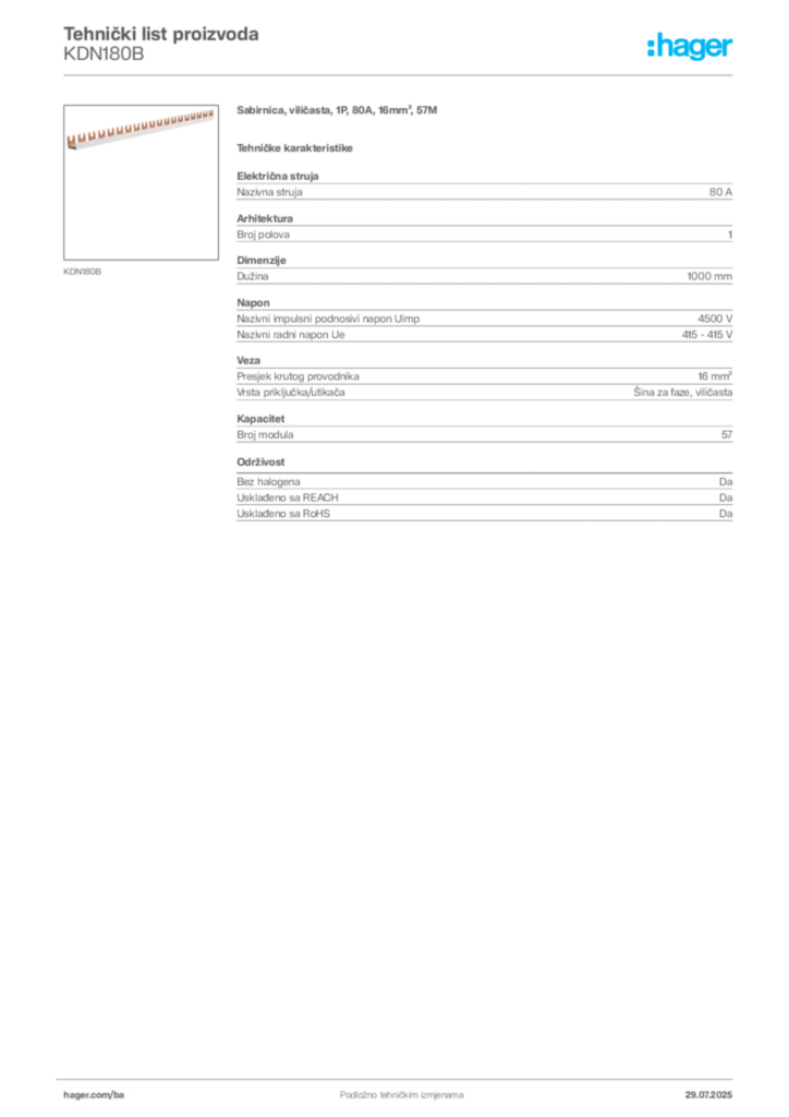 Slika Hager Product data sheet KDN180B  | Hager