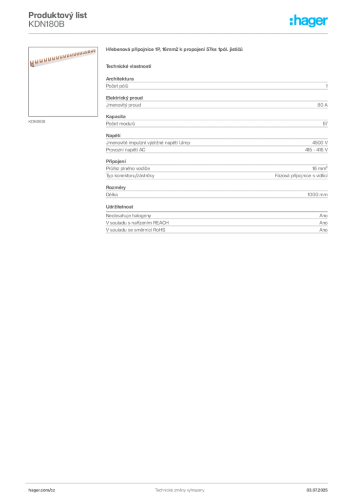 Obrázek Hager Produktový list KDN180B | Hager