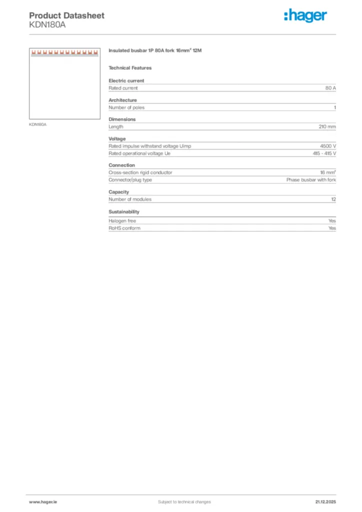 Image Hager Product data sheet KDN180A  | Hager