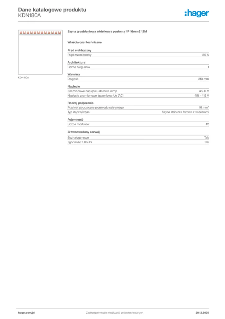 Zdjęcie Hager Dane katalogowe produktu KDN180A | Hager Polska