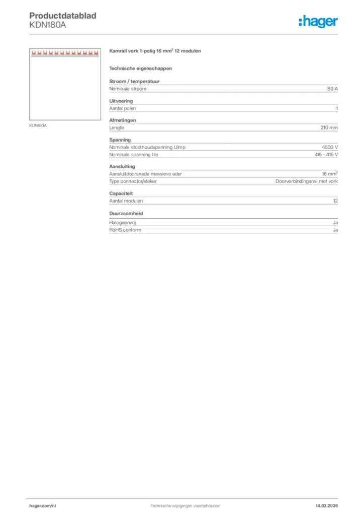 Afbeelding Hager Productdatablad KDN180A | Hager Nederland