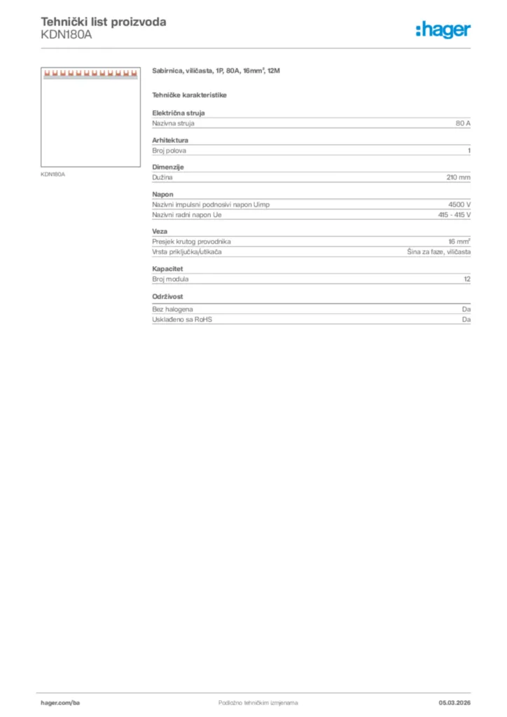 Slika Hager Tehnički list proizvoda KDN180A  | Hager