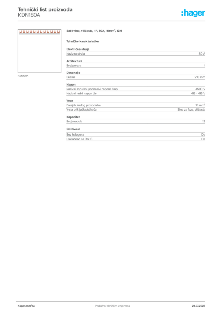 Slika Hager Product data sheet KDN180A  | Hager