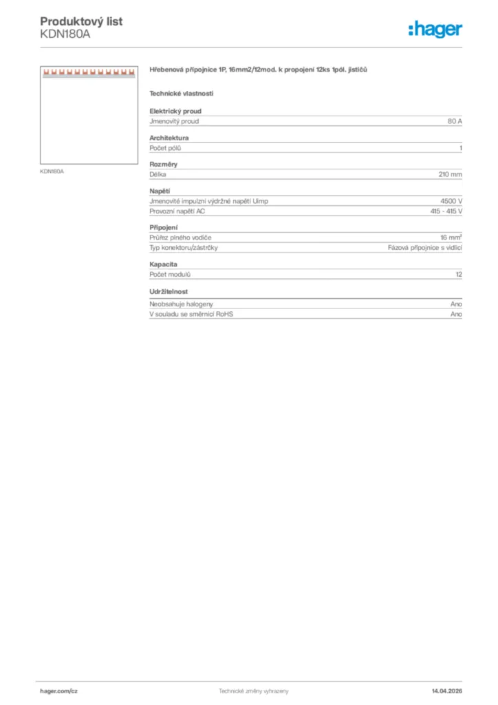 Obrázek Hager Product data sheet KDN180A | Hager