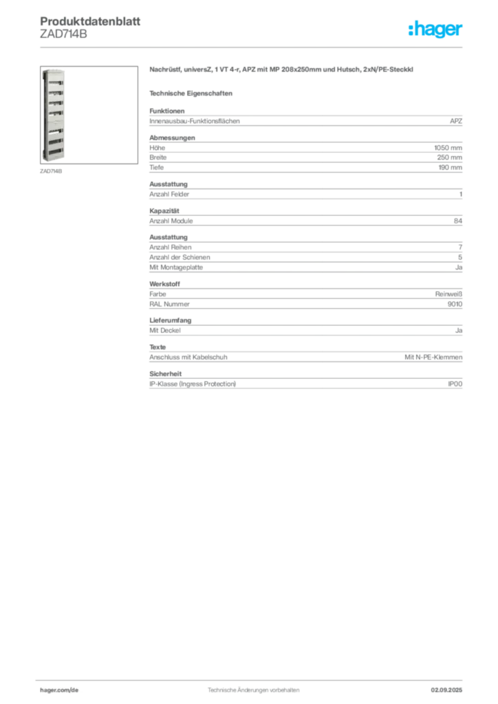Bild Hager Produktdatenblatt ZAD714B | Hager Deutschland