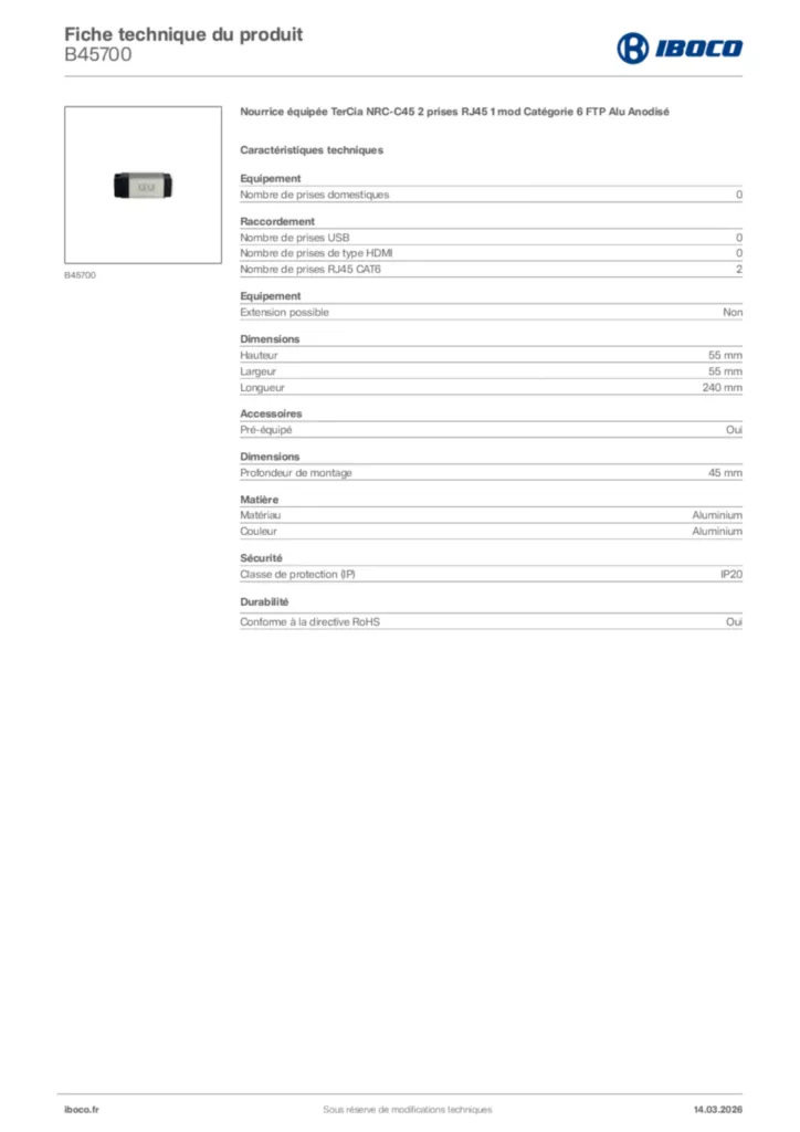 Image Iboco Fiche technique du produit B45700 | Hager France