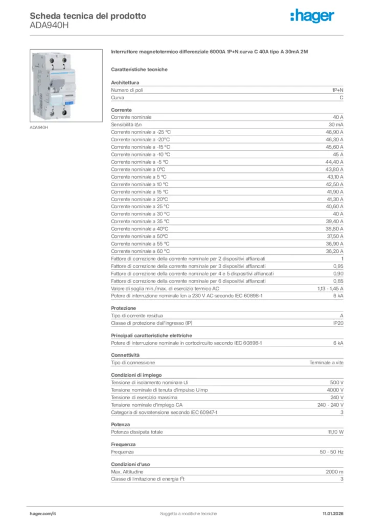 Immagine Hager Scheda tecnica del prodotto ADA940H | Hager Italia
