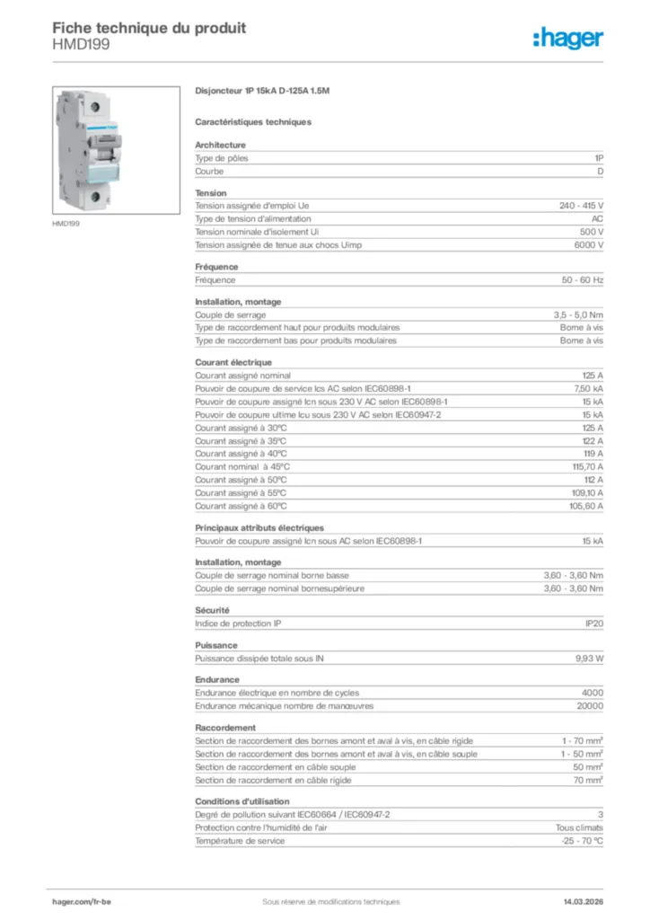 Image Hager Fiche technique du produit HMD199 | Hager Belgique